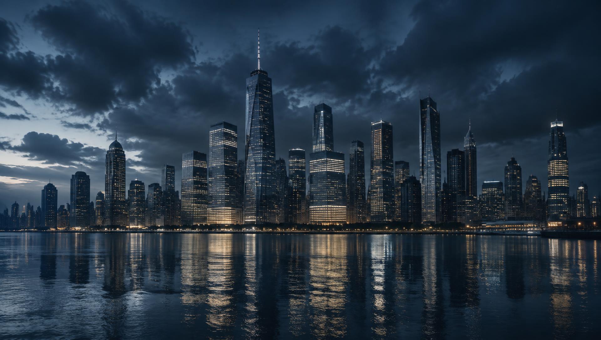 Modern city skyline at dusk with illuminated skyscrapers